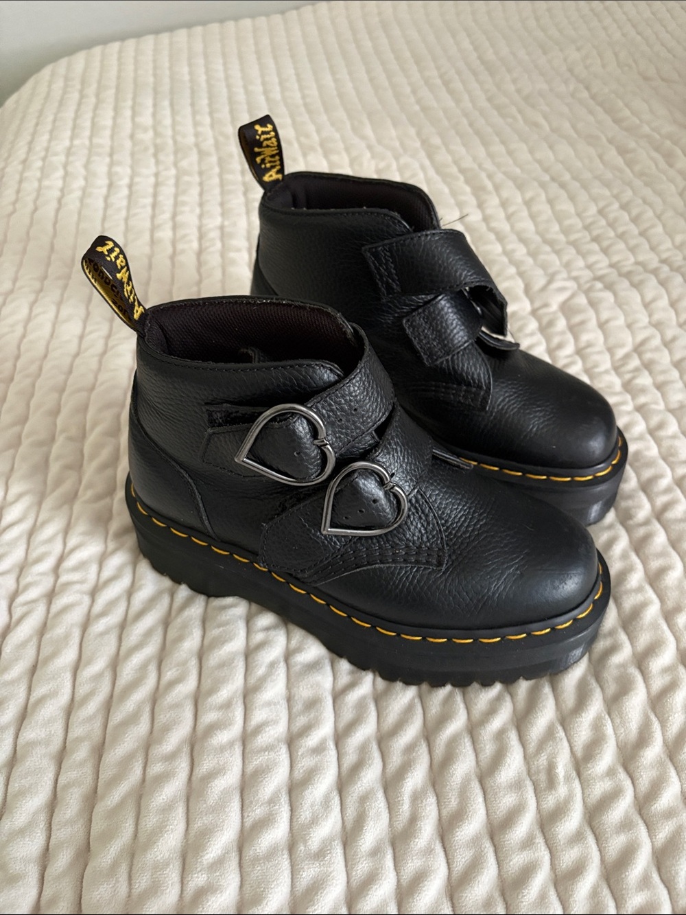 Dr. Martens Black Leather Heart-Buckle Platform Boots